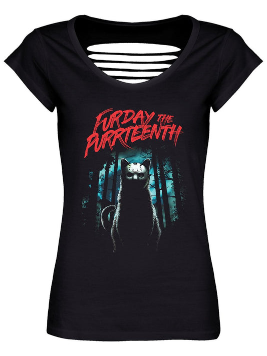 Furday The Purrteenth Ladies Black Razor Back T-Shirt