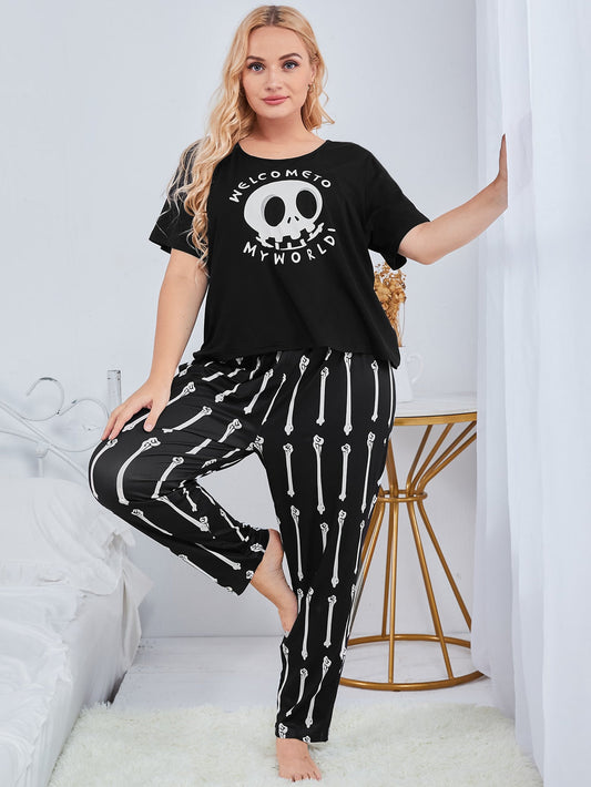 Plus Slogan & Skull Print PJ Set