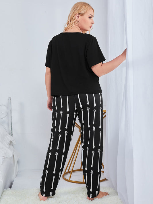 Plus Slogan & Skull Print PJ Set