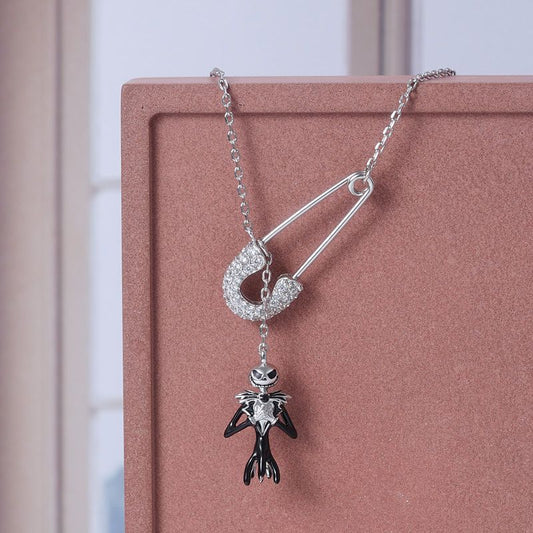 Jack Skull Safety Pin Necklace Inlaid with Crystal Gemstones Sterling Silver