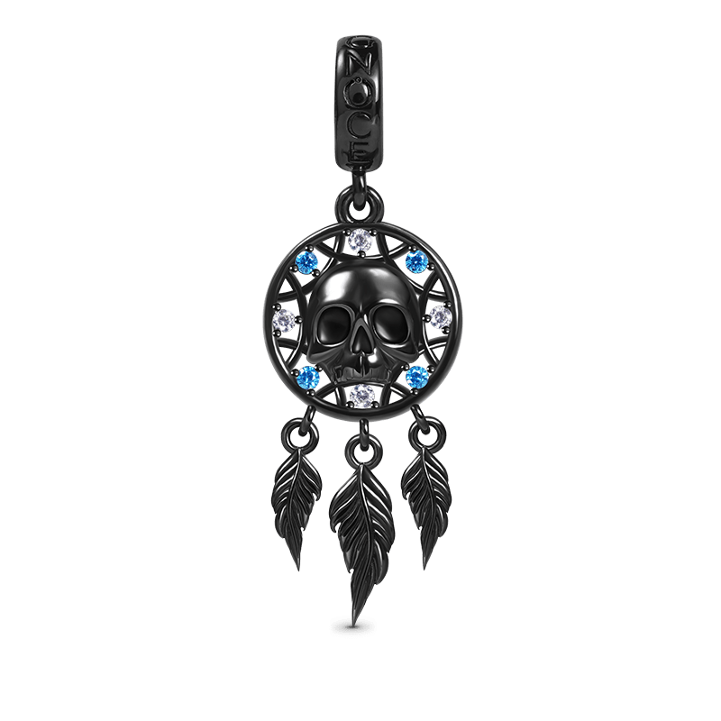 Skull Dreamcatcher Pendant Dangle Charm 925 Sterling Silver Black Plated Inlaid with CZ Stones