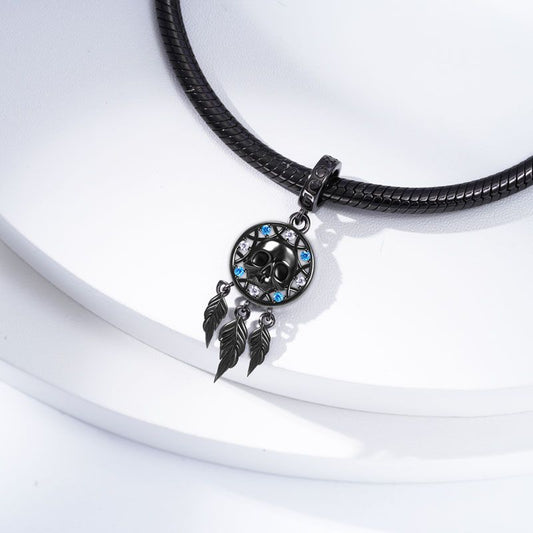 Skull Dreamcatcher Pendant Dangle Charm 925 Sterling Silver Black Plated Inlaid with CZ Stones