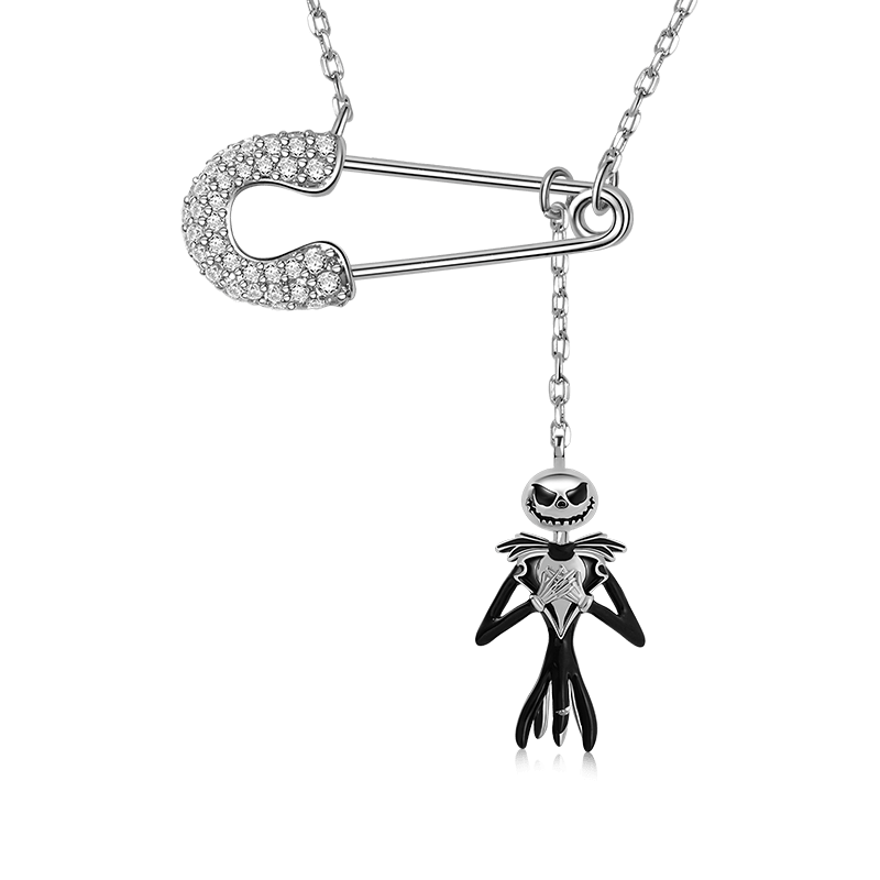 Jack Skull Safety Pin Necklace Inlaid with Crystal Gemstones Sterling Silver