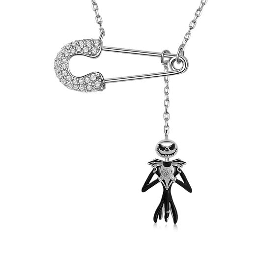 Jack Skull Safety Pin Necklace Inlaid with Crystal Gemstones Sterling Silver
