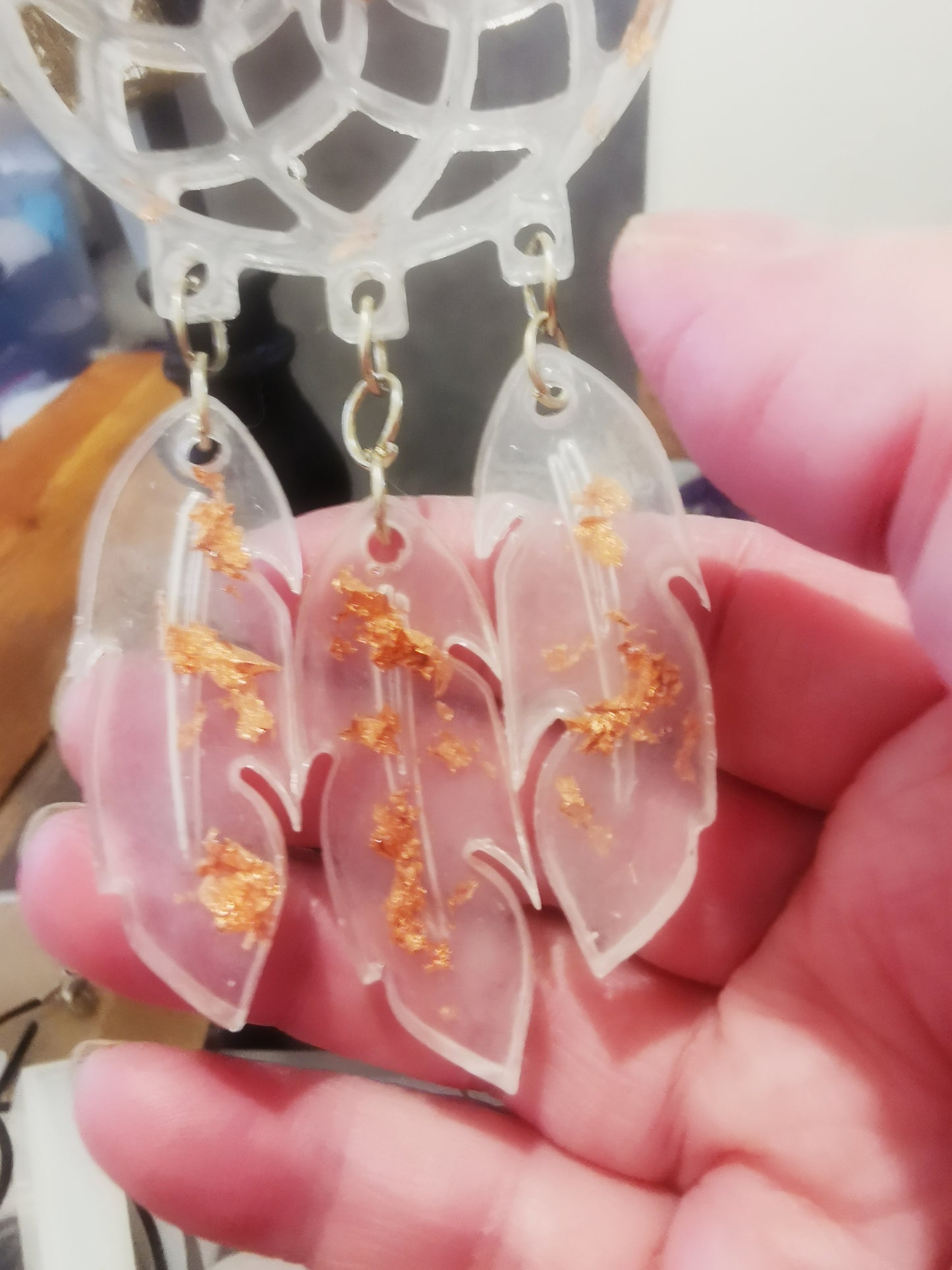 Resin Dreamcatcher Keyring - Handmade Clear with Rose Gold Flake OOAK
