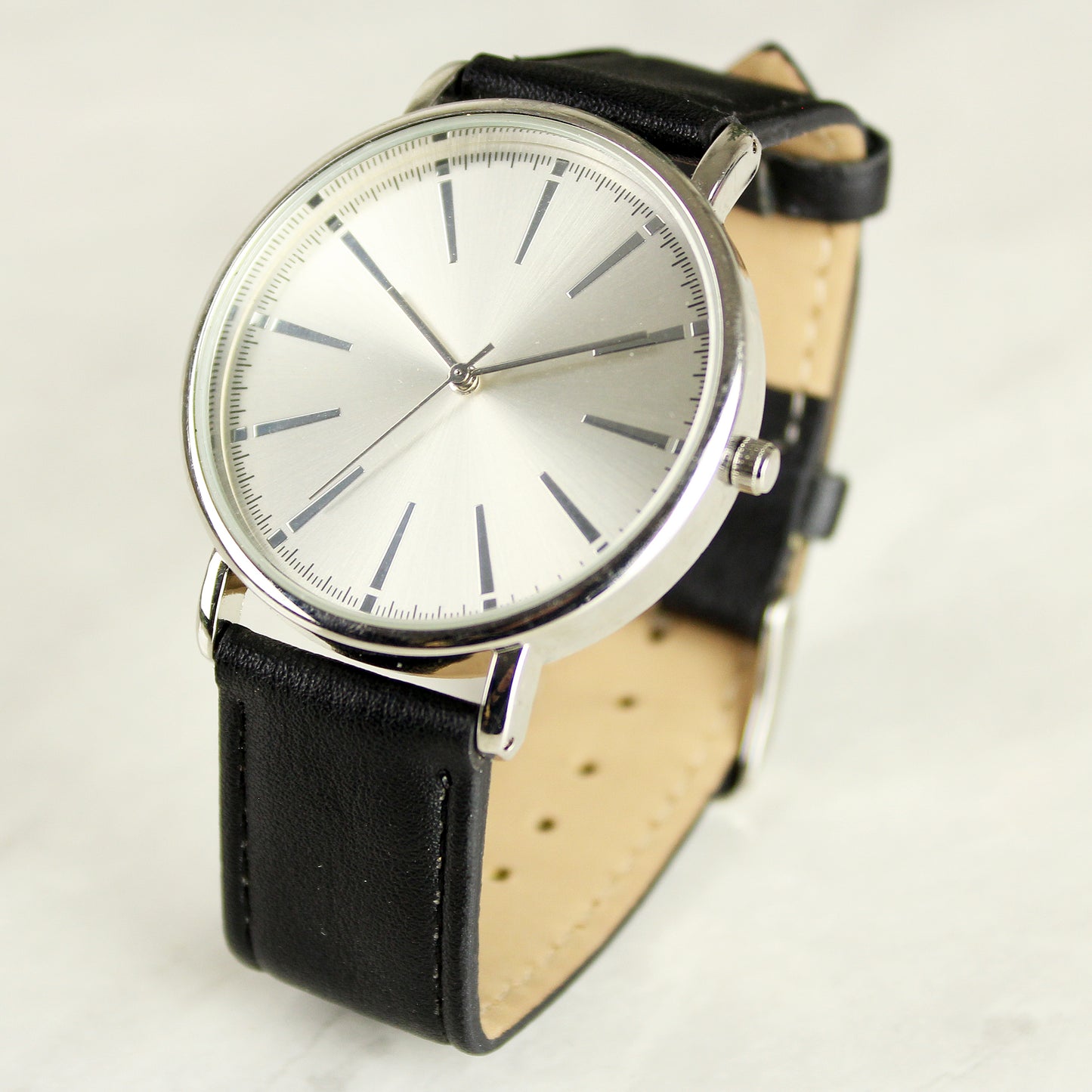 Personalised Silver with Black Leather Strap Mens Watch