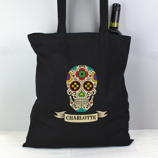 Personalised Sugar Skull Black Cotton Bag