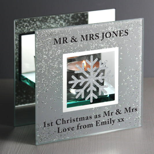 Personalised Snowflake Silver Glitter Tea Light Holder