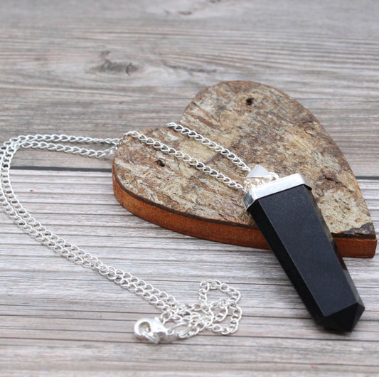 Gemstone Flat Pencil Pendant - Black Agate