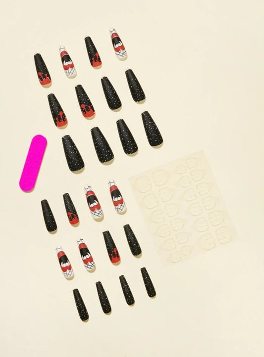 24pcs Halloween Graphic Fake Nail & 1sheet Tape & 1pc Nail File