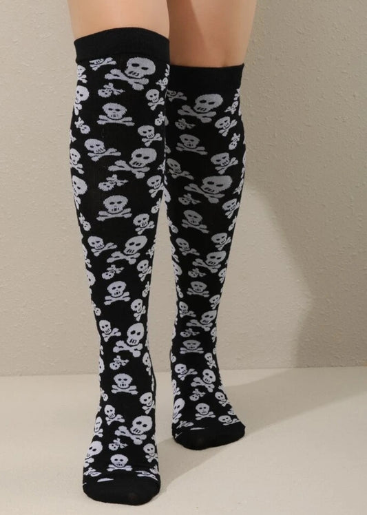Skull Print Over Knee Socks