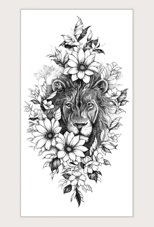 1sheet Lion & Flower Pattern Tattoo Sticker