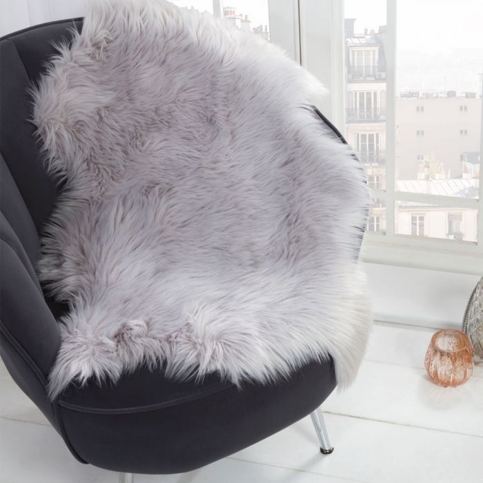 Faux Fur Sheepskin Rug, Silver Grey - 60 x 90cm
