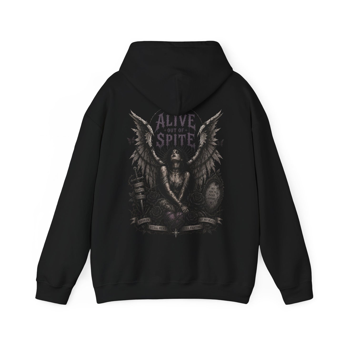 "Alive Out Of Spite" Angel Graphic Hoodie - Gothic Winged Angel Graveyard Design