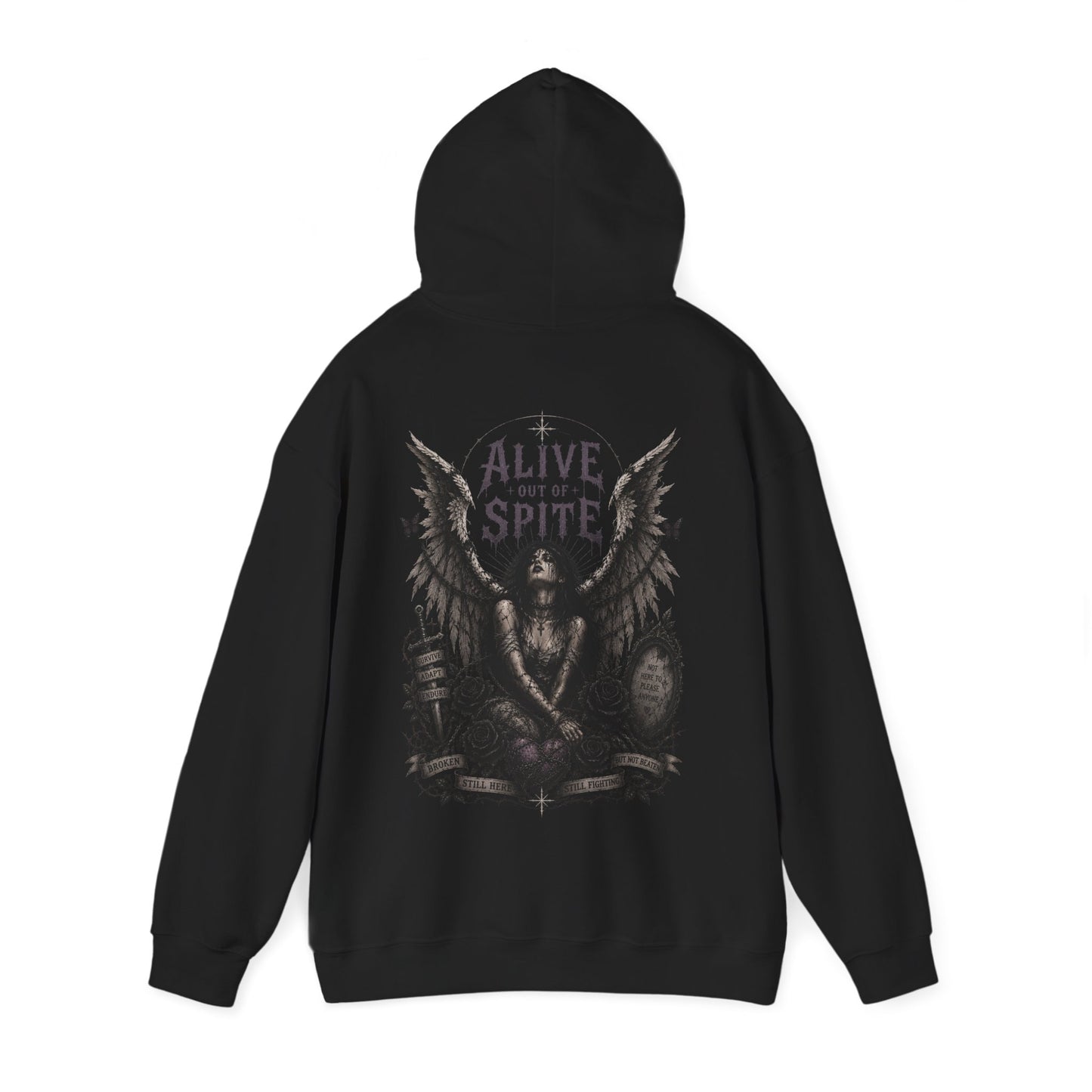"Alive Out Of Spite" Angel Graphic Hoodie - Gothic Winged Angel Graveyard Design