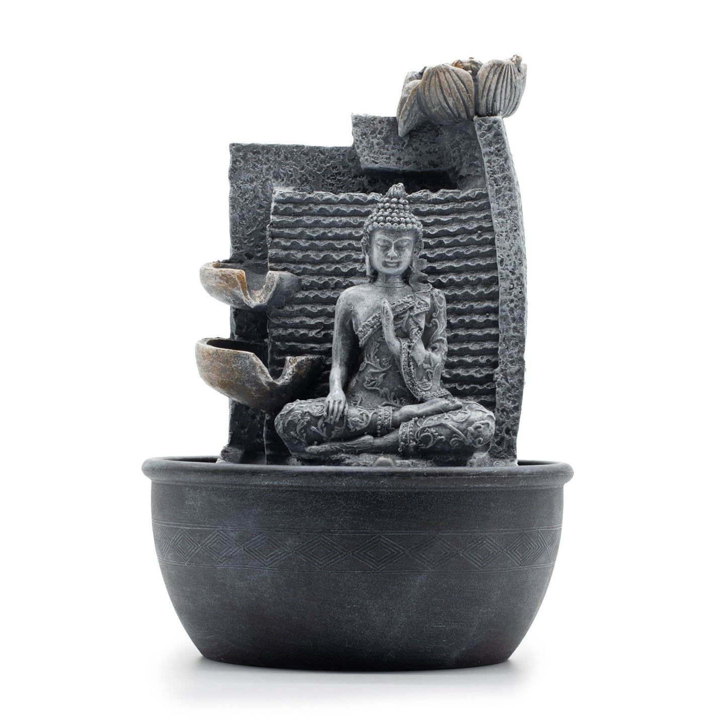 Tabletop Water Feature - 19x19x28cm - Buddha, Lotus Flower Cascading Pots