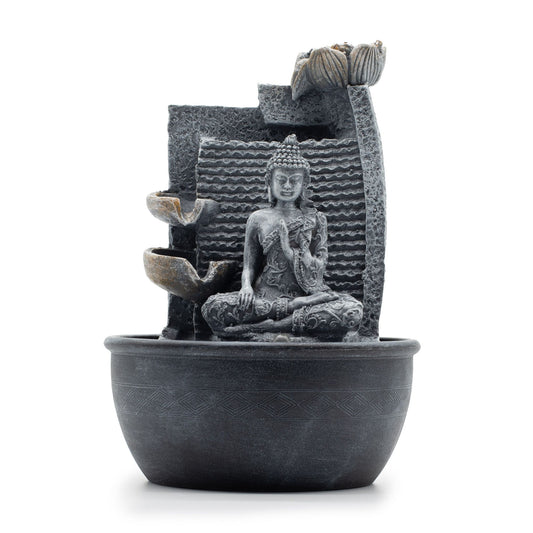 Tabletop Water Feature - 19x19x28cm - Buddha, Lotus Flower Cascading Pots