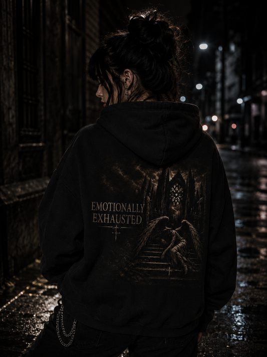 "Emotionally Exhausted" Hoodie - Gothic Angel Graphic Pullover