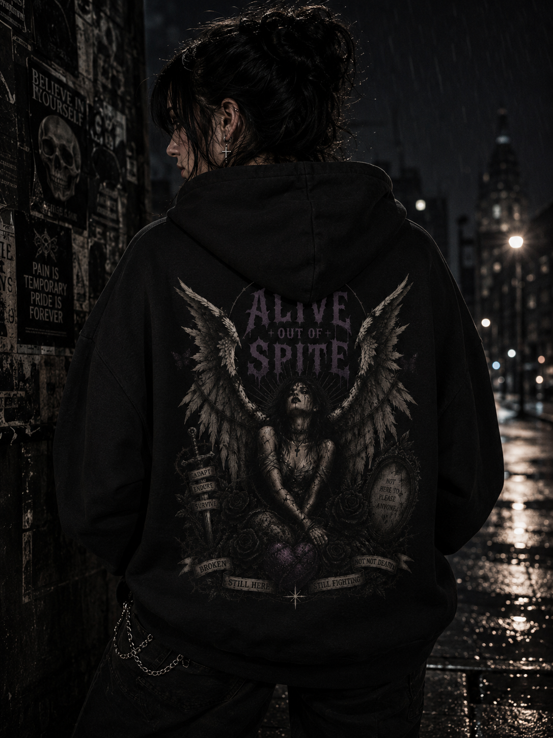 "Alive Out Of Spite" Angel Graphic Hoodie - Gothic Winged Angel Graveyard Design