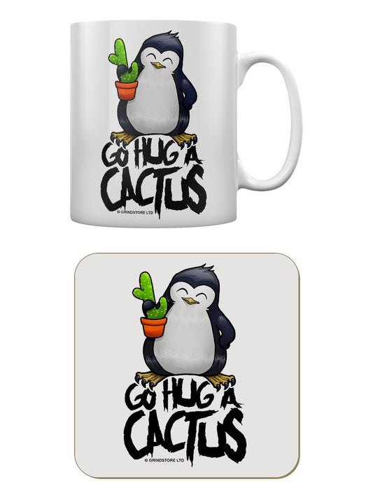 Psycho Penguin Go Hug A Cactus Mug & Coaster Set
