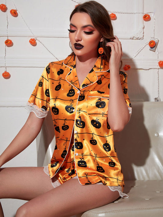 Halloween Print Contrast Binding Night Set