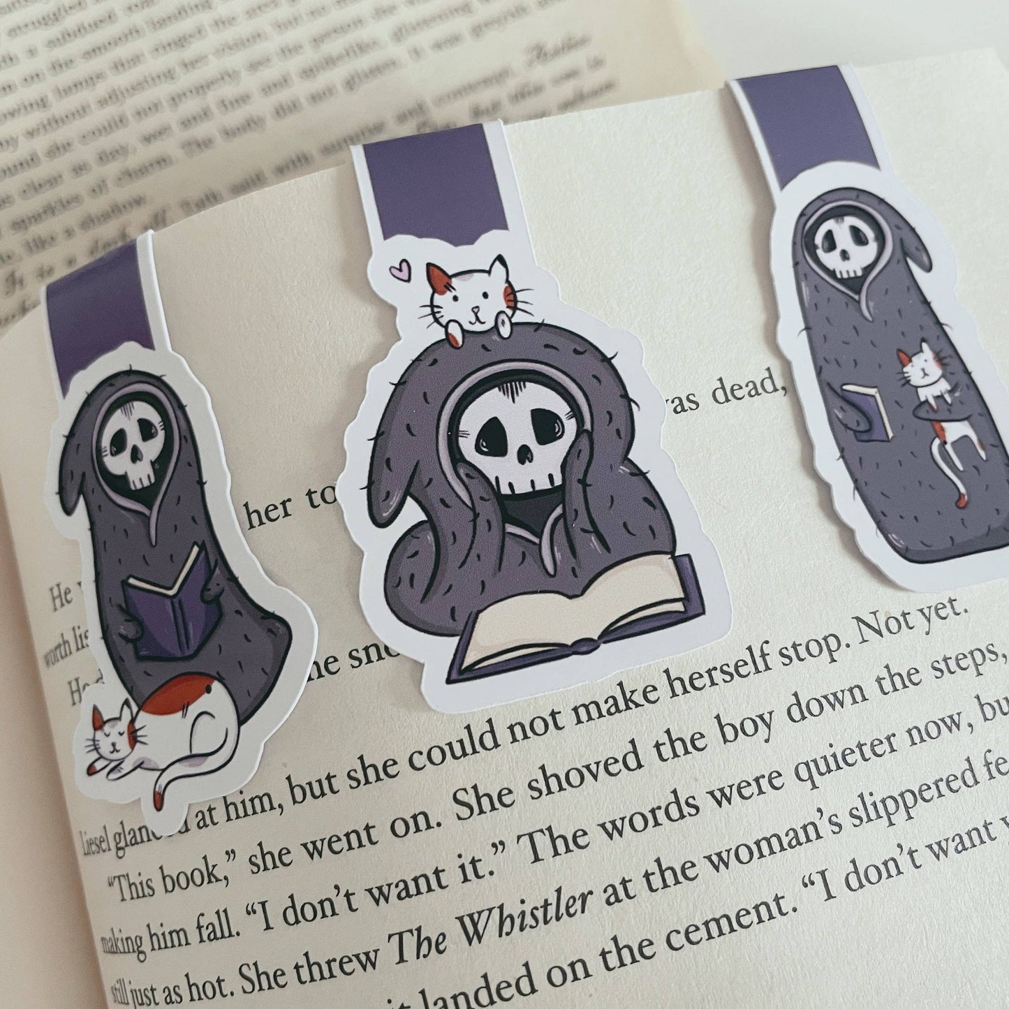 Death with Cat Reading Magnetic Bookmark Set | Grim Reaper