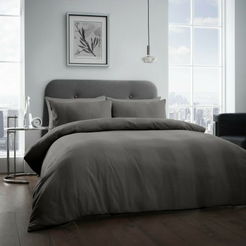 Luxury Premier Waffle Stripe Duvet Cover with Matching Pillow Case Charcoal