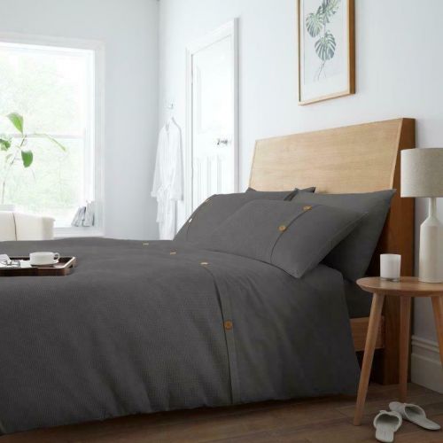 Luxury Premier Waffle Button Style Duvet Cover with Matching Pillow Case Charcoal