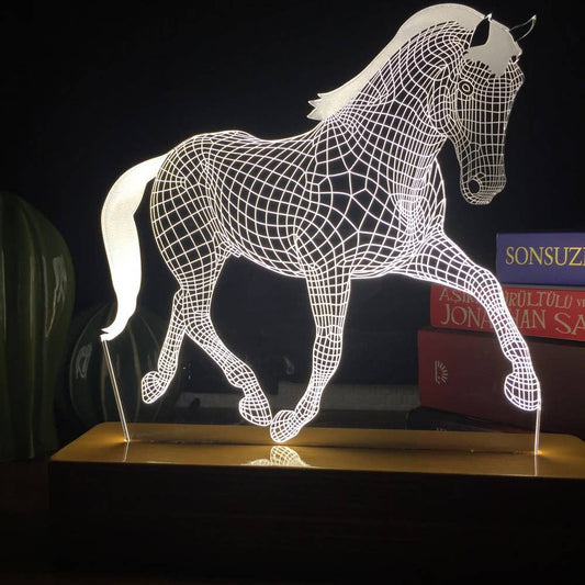 3D Illusion Running Horse Led Lamp | Wood