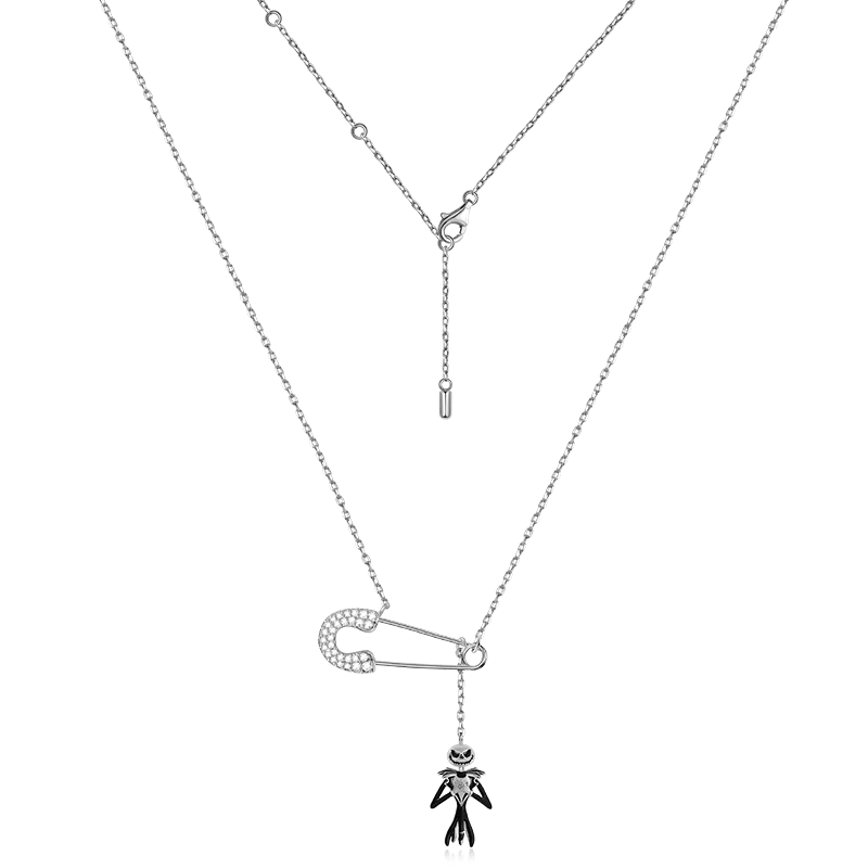 Jack Skull Safety Pin Necklace Inlaid with Crystal Gemstones Sterling Silver