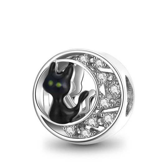 Black Cat on Moon Charm Bead Sterling Silver Inlaid with Crystal Gemstones