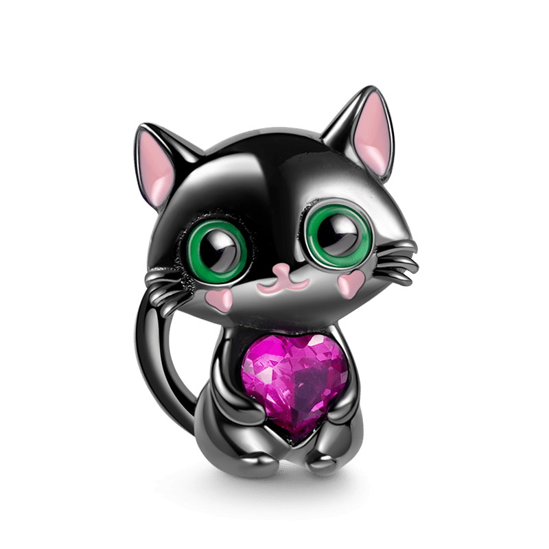 Black Cat Embraces Heart Gemstone Charm Bead Sterling Silver