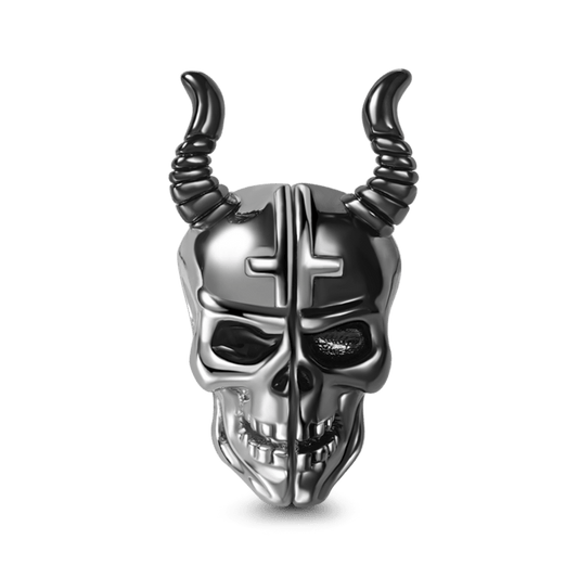 Silver & Black Two Tone Devil Skull with Horns Charm Bead 925 Sterling Silver