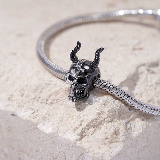 Silver & Black Two Tone Devil Skull with Horns Charm Bead 925 Sterling Silver