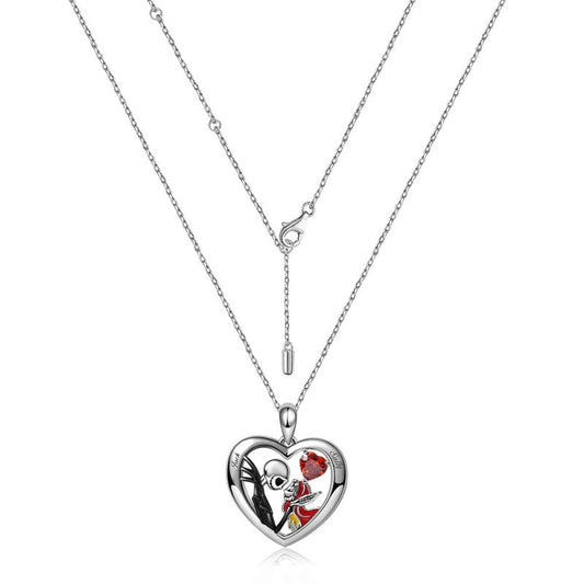 Jack&Sally Skull Couple Heart Necklace Inlaid with Heart Ruby Sterling Silver