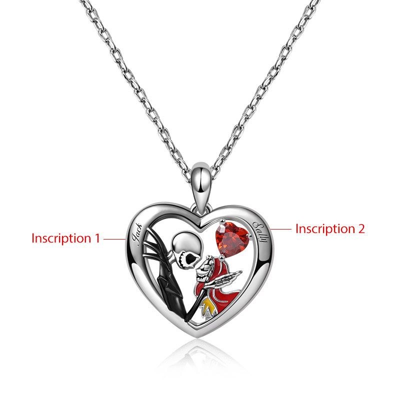 Jack&Sally Skull Couple Heart Necklace Inlaid with Heart Ruby Sterling Silver