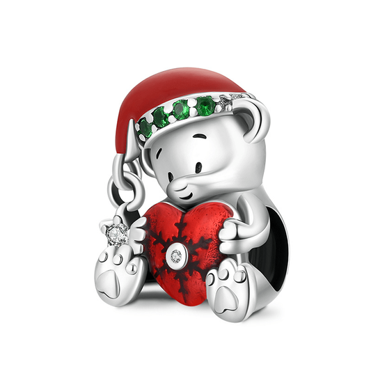 Christmas Bear Embrace Red Heart Charm Bead 925 Sterling Silver