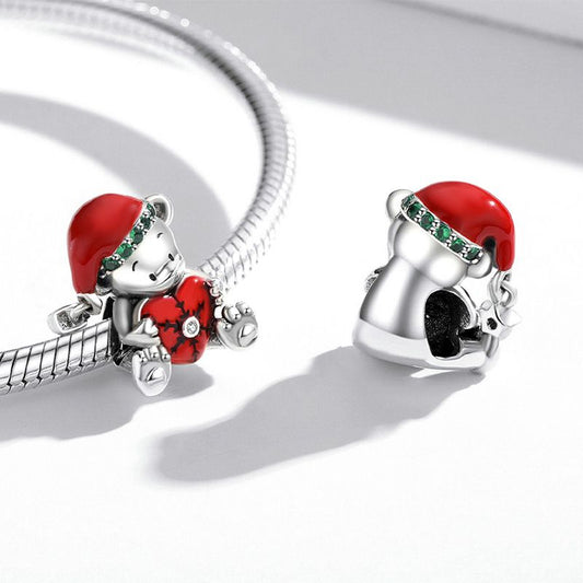 Christmas Bear Embrace Red Heart Charm Bead 925 Sterling Silver
