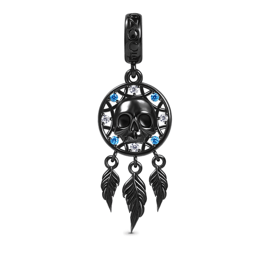 Skull Dreamcatcher Pendant Dangle Charm 925 Sterling Silver Black Plated Inlaid with CZ Stones