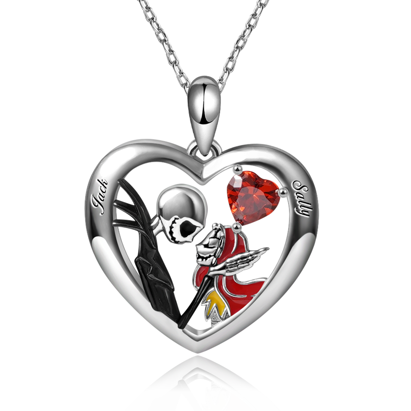 Jack&Sally Skull Couple Heart Necklace Inlaid with Heart Ruby Sterling Silver