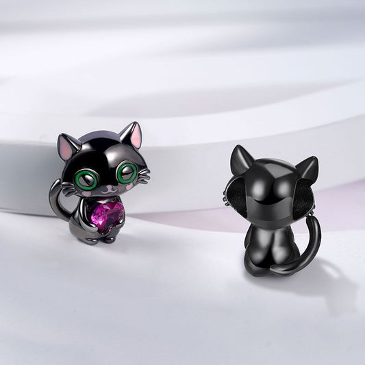 Black Cat Embraces Heart Gemstone Charm Bead Sterling Silver