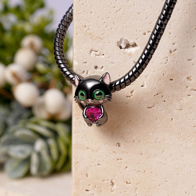 Black Cat Embraces Heart Gemstone Charm Bead Sterling Silver