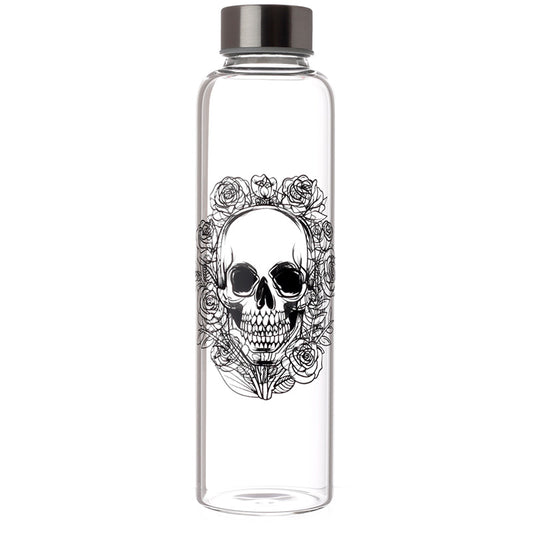 Reusable 500ml Glass Water Bottle with Protective Neoprene Sleeve - Skulls & Roses