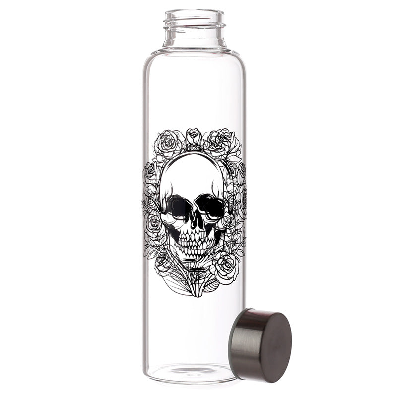 Reusable 500ml Glass Water Bottle with Protective Neoprene Sleeve - Skulls & Roses