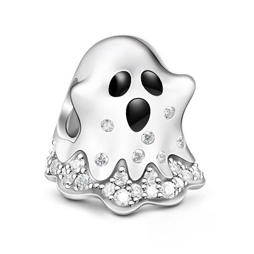 Trick-or-Treating" Craft Style Halloween Ghost 925 Sterling Silver Studded with Clear CZ Ghost Charm