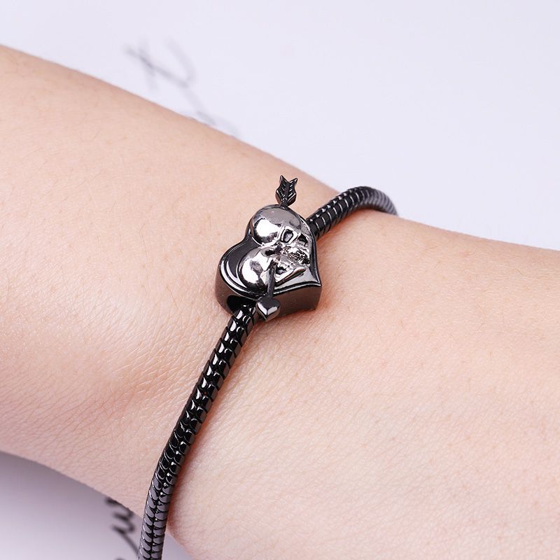 Heart Shape Arrow Through Skull Charm Bead S925 Silver