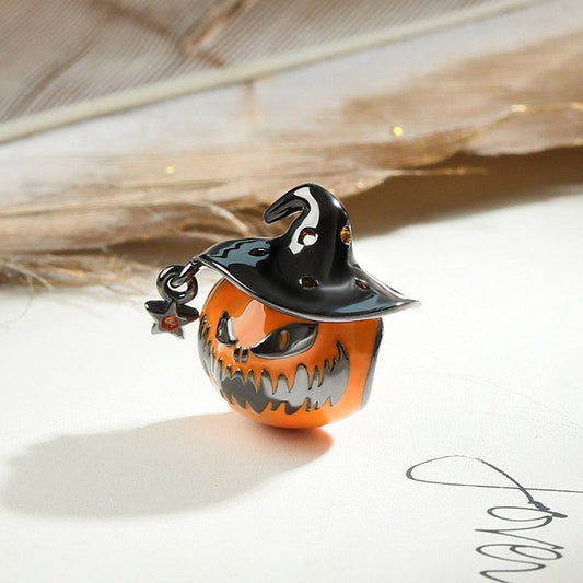 Pumpkin Wearing a Wizard Hat Charm Black Bead Jewelry Sterling Silver