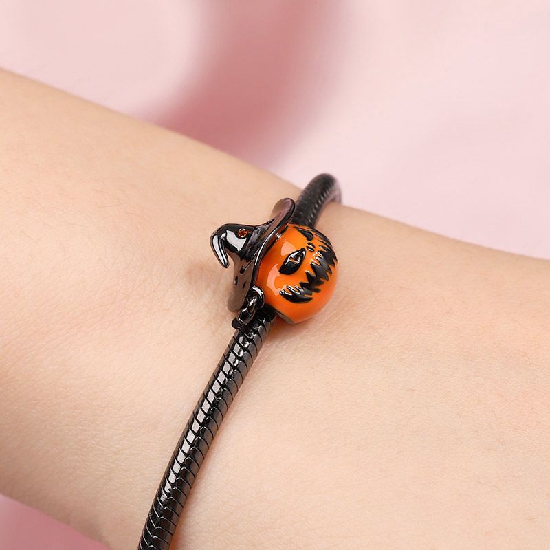 Pumpkin Wearing a Wizard Hat Charm Black Bead Jewelry Sterling Silver