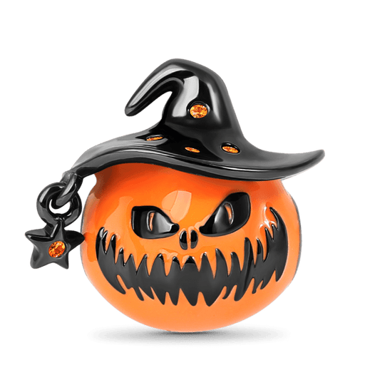 Pumpkin Wearing a Wizard Hat Charm Black Bead Jewelry Sterling Silver
