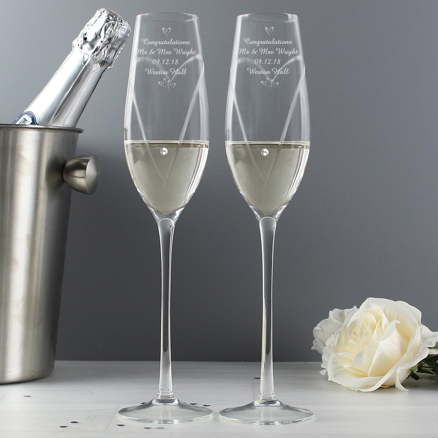 Personalised Hand Cut Little Hearts Pair of Flutes with Swarovski Elements with Gift Box